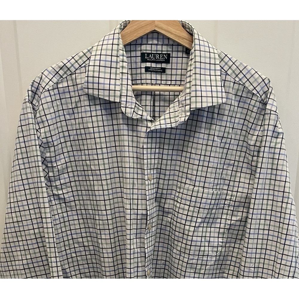 Lauren Ralph Lauren Button Up Blue Green Plaid Dress Shirt Mens 17.5 36/37 XL